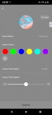 Smartphone app screen with color and brightness settings for the Gorgeous scene mode.