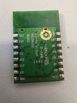 Green PCB with solder pads on both sides and pin labels, including GND and VCC