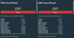 Two screenshots of the control panels for OBK-SmartPlug1 and OBK-SmartPlug2 showing voltage, current, and energy consumption data.