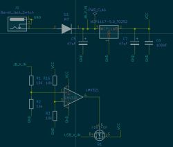 Schemat układu z wejściem zasilania Jack Barrel i elementami elektronicznymi.