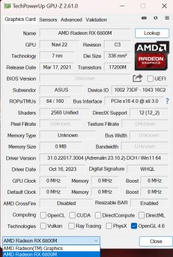 Zrzut ekranu z programu TechPowerUp GPU-Z 2.61.0 pokazujący informacje o karcie graficznej AMD Radeon RX 6800M.
