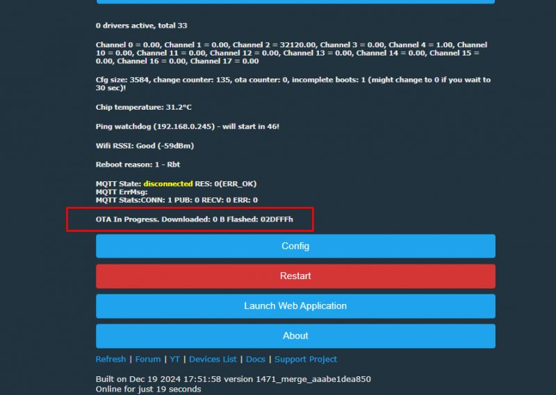 Device user interface with restart button.