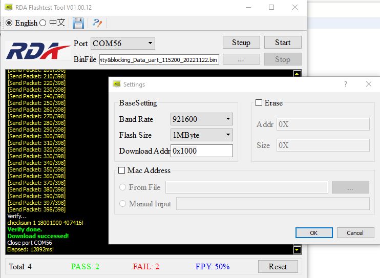 RDA Flashtest Tool window with settings dialog and data transmission log.