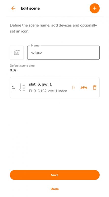 Edit scene screen in an app with the name wlacz and device FHR_D1S2 at level 1.