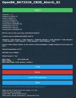 Screenshot of the OpenBK user interface for the Atorch device showing electrical parameters and settings.