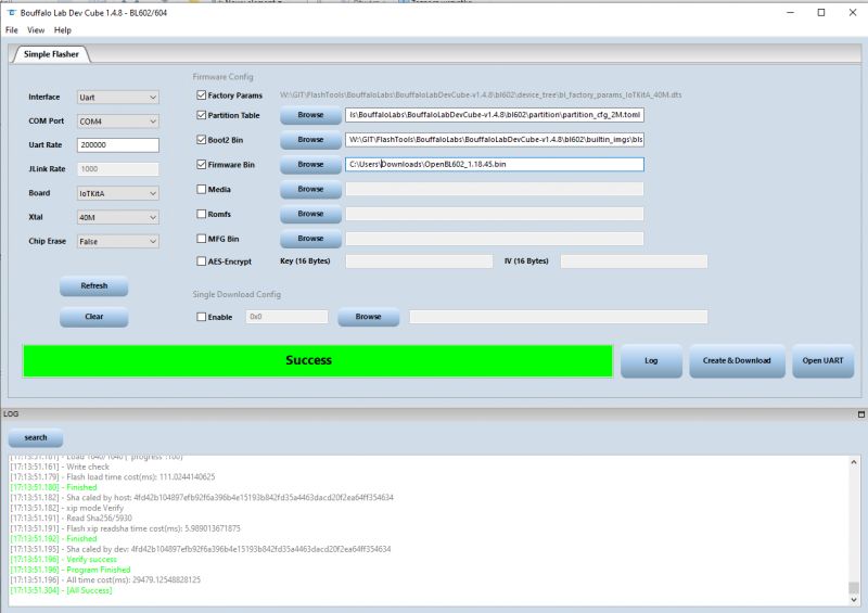 Bouffalo Lab Dev Cube 1.4.8 user interface with successful process completion.