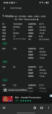 Ekran aplikacji pokazujący parametry sygnału LTE/5G T-Mobile na częstotliwościach 800–2100 MHz