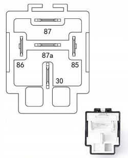 Schemat podłączenia przekaźnika z oznaczeniami pinów: 30, 85, 86, 87, 87a oraz zdjęcie rzeczywistego przekaźnika.