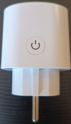 White smart plug with a power button in the center.