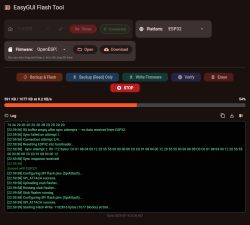 Screenshot of EasyGUI Flash Tool showing firmware flashing progress for ESP32 and a console log.