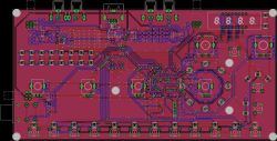 Widok projektu PCB z rozmieszczonymi ścieżkami, padami i elementami elektronicznymi