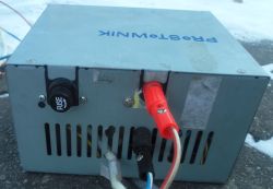 Rear panel of DIY charger in ATX case with fuse and banana plug sockets