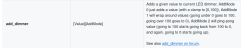 Documentation screenshot for “add_dimmer” showing [Value][AddMode] and AddMode 0–2 behavior.