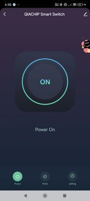 QIACHIP Smart Switch App Interface Interface of the QIACHIP Smart Switch app with the button turned on.