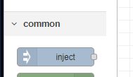 Screenshot from Node-RED tool showing the inject node in the common section.