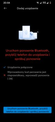 Komunikat na ekranie telefonu informujący o błędnym kodzie parowania urządzenia Bluetooth do hulajnogi Xiaomi.