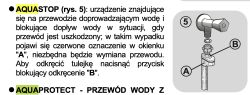 Instrukcja pralki z opisem działania systemu AQUASTOP i rysunkiem podłączenia przewodu doprowadzającego wodę.