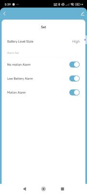 App settings screen with motion detection and low battery alarms enabled.