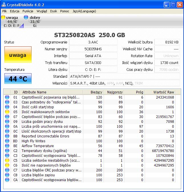 Ostrzeżenia S.M.A.R.T. na dysku Seagate 250 GB - czy to poważne?