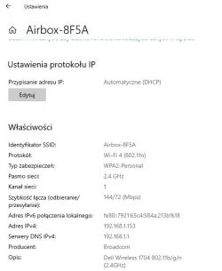 Zrzut ekranu z ustawieniami połączenia sieciowego Wi-Fi.