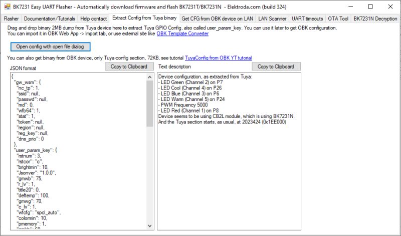 Screenshot of BK7231 Easy UART Flasher showing JSON data and an LED configuration text summary