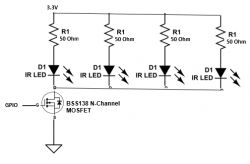 Circuit diagram with MOSFET transistor and LED diodes.