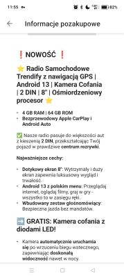 Ekran telefonu z ofertą radia samochodowego Trendify z kamerą cofania