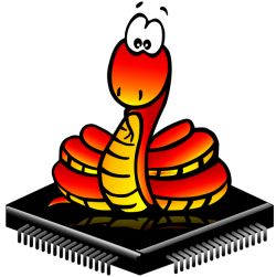 Kolorowy rysunek węża siedzącego na czarnym układzie scalonym – logotyp MicroPython.