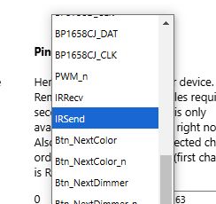 Dropdown list with configuration options for an electronic device.