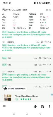 Zrzut ekranu aplikacji pokazującej parametry sieci komórkowej LTE-A 2100 + 1800.