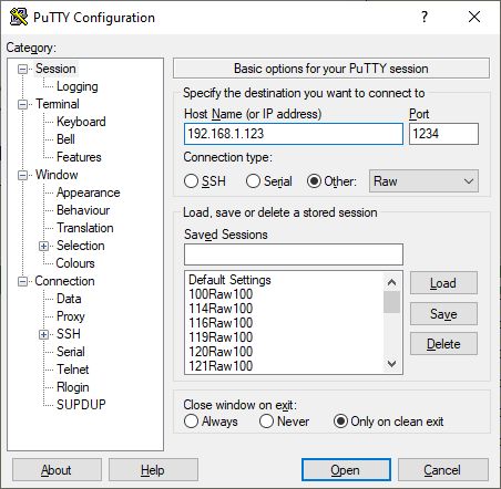 PuTTY configuration window with IP address 192.168.1.123 and port 1234 entered.