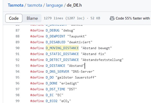 Screenshot of the Tasmota header file in German, containing preprocessor definitions with translations.