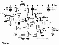 Schemat wzmacniacza audio z tranzystorami BC549, BC558, BC547 i BC557.