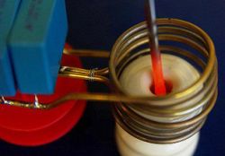 Czerwono rozgrzany gwóźdź w cewce elektromagnetycznej.