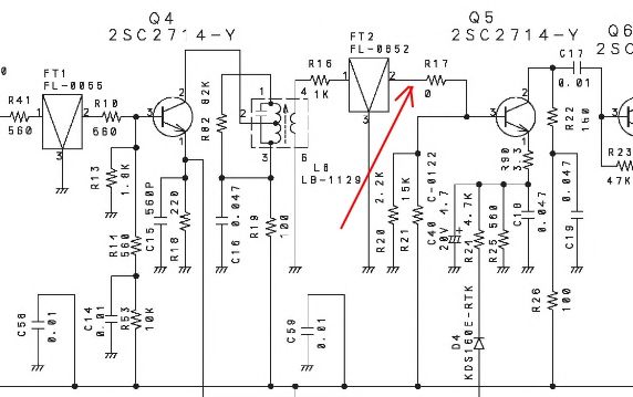 Fragment schematu elektronicznego z zaznaczonym filtrem FT2.