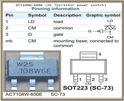 Diagramm und Bild des AC-Thyristors ACT108W-600E mit Pin-Beschreibungen.