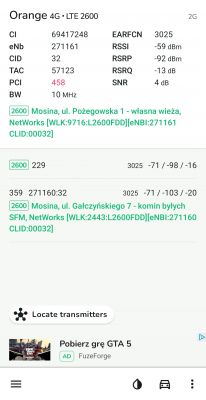 Zrzut ekranu przedstawiający wyniki testu zasięgu sieci Orange 4G LTE 2600 w aplikacji mobilnej.
