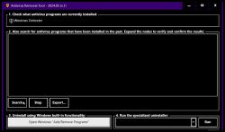 Zrzut ekranu z programu Antivirus Removal Tool wyświetlający zainstalowany Windows Defender.