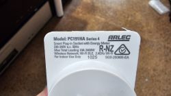 Label on ARLEC PC191HA smart plug Label of an ARLEC PC191HA smart plug with energy meter, showing specs and compliance marks