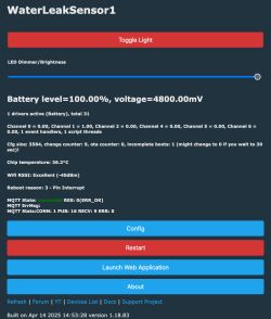 Water leak sensor control panel interface showing battery, voltage, temperature, and WiFi status.