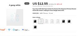 White, four-gang Tuya smart touch switch displayed on Aliexpress with a price of $12.55.