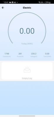 Smart plug screen displaying current, power, and voltage values.