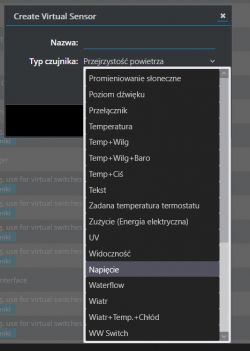 Screenshot of the Domoticz virtual sensor creation interface with a dropdown list of sensor types.