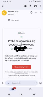 Zrzut ekranu wiadomości e-mail z informacją o próbie logowania się na konto Google, która została zablokowana.