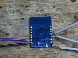 TYWE3S Module with Alternative Pinout TYWE3S module with soldered wires on a wooden surface