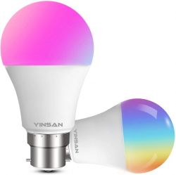 Colorful YINSAN LED Bulbs Two colorful YINSAN LED bulbs, one standing upright, the other lying on its side.