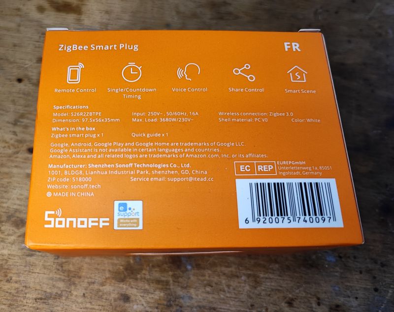 Pomarańczowe pudełko Sonoff S26R2ZB ZigBee Smart Plug z opisem specyfikacji.