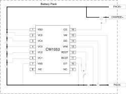 Schemat układu BMS z układem CW1053, wyprowadzeniami PACK+/PACK- i CHARGE+.