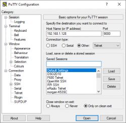 Screenshot of PuTTY configuration with IP address and telnet port.