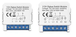 Zigbee switch modules, 1-channel and 2-channel versions with wiring diagrams